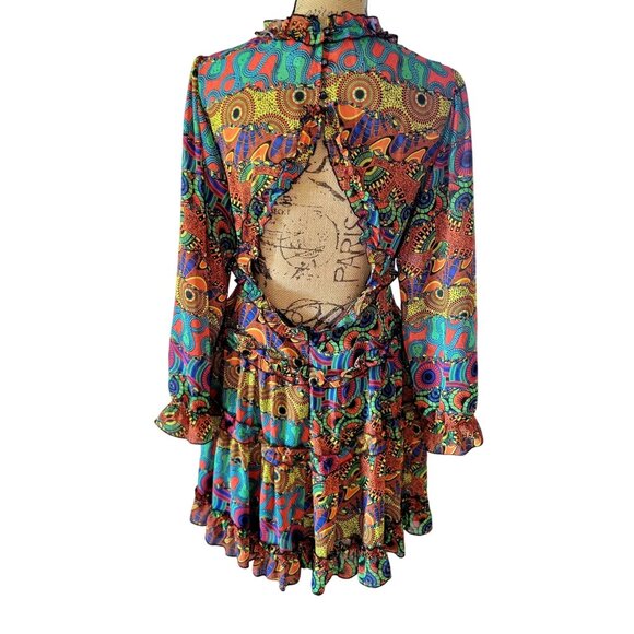 It's Bohemian Multicolor Long-Sleeve Deep V-Neck Ruffle Dress -US L - Picture 3 of 9